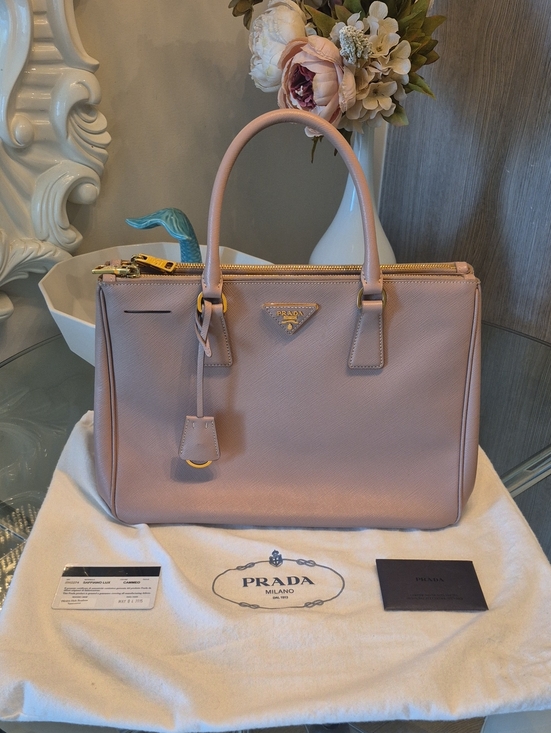 Prada Handbags - Prada Pink Saffiano Double-Handle Satchel with Gold Hardware